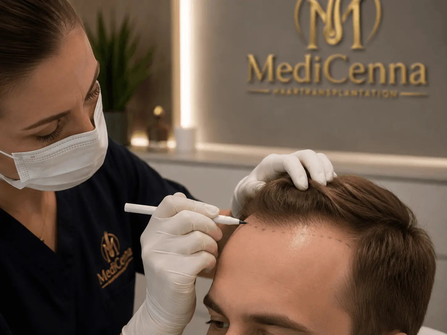 Haartransplantation Stirn Kosten - Schematische Darstellung der Haarlinienplanung in der MediCenna Hair Clinic Hamburg